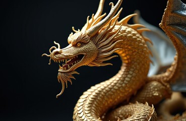 Fototapeta premium Detailed gold dragon sculpture with ornate scales and menacing fangs. Mythical creature coiled against dark background, representing power and oriental art. Majestic fantasy beast.