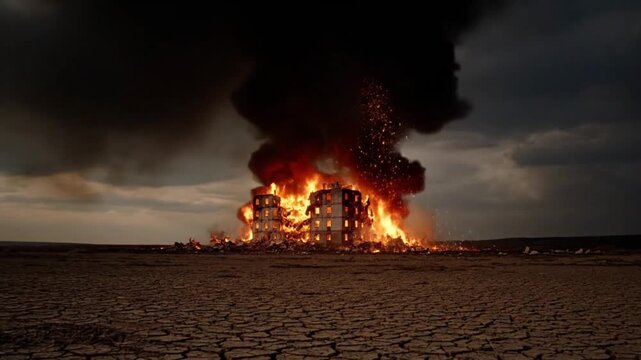 Building Burning in Desert Landscape Dramatic Fire Smoke and Destruction