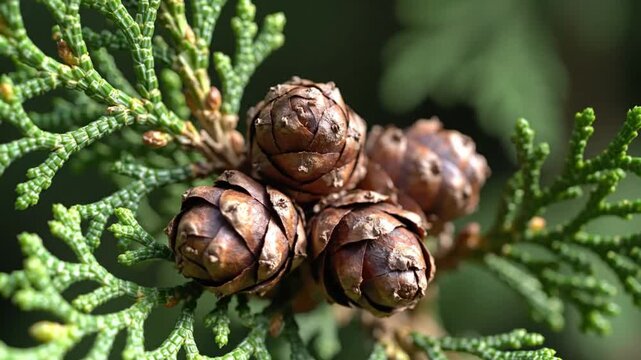 Close up view of brown pine cones and green foliage on a branch, nature background
