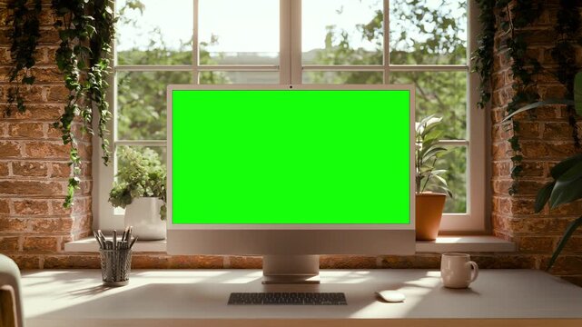 All-in-One Computer Screen Mockup &ndash; Static Front View with Looping Background, Chroma Key Green Display in Bright Loft Office Interior