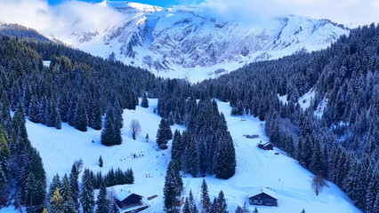 Snow covered alpine valley with wooden chalets and forest in French Alps