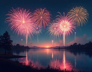 Colorful fireworks explode over calm lake at dusk. Night sky filled with stars and luminous bursts reflecting on water. Celebration, party or holiday scene.