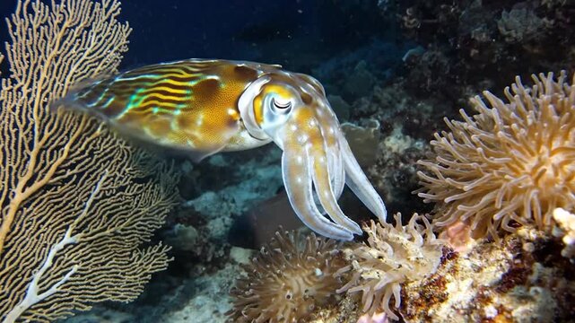 A vibrant cuttlefish gracefully swims among colorful coral reefs in the deep