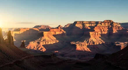Naklejka premium Golden Desert Canyon Panorama at Sunset, Dramatic Rocky Landscape Travel Background