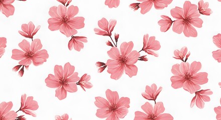 Pink watercolor floral arrangement pattern on white, delicate blossoms