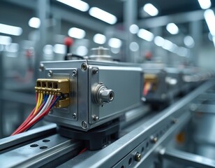 Automated servo motors with wiring connect to robot arm assembly line. Precision linear actuators ready for industrial automation manufacturing. High tech robotics components.