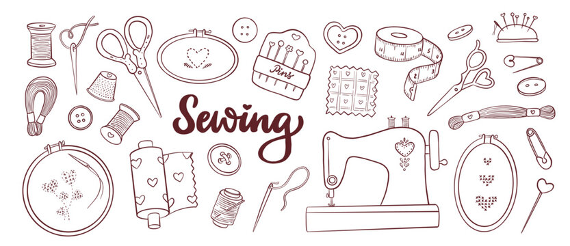 Sewing and embroidery monochrome doodles collection with tailor tools, buttons, sewing machine, needles for stickers, prints, icons, banners, cards decor, coloring pages, signs, etc. EPS 10