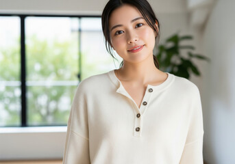 明るい部屋でヘンリーネックのニットを着て微笑む優しい表情の女性