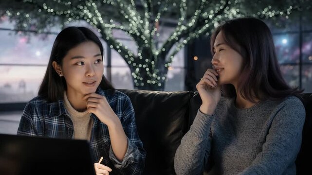 Two Women Talking in Cozy Night Cafe