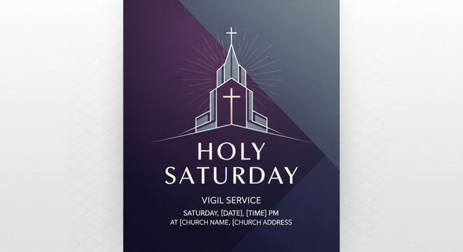 Holy saturday church vigil service poster with white church illustration on purple background