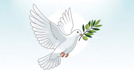 Obraz premium White dove flying with olive branch in beak symbolizing peace and harmony in a serene environment