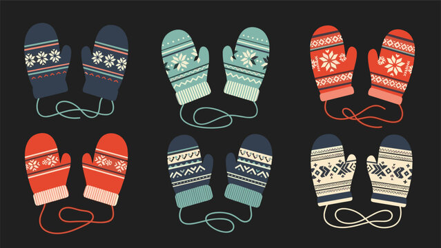 Collection of six colorful pairs of cozy knitted winter mittens with traditional nordic patterns, isolated on a dark background.