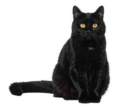 Black cat with golden eyes sitting upright, plush fur, and alert expression against white background