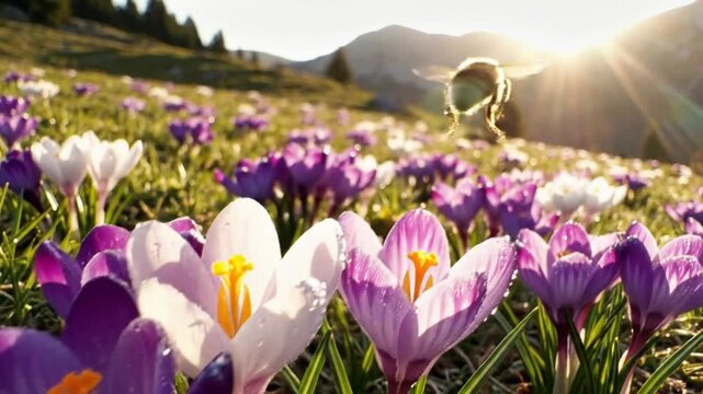 Bumblebee buzzes through vibrant crocus flowers on a sunny hillside meadow in spring