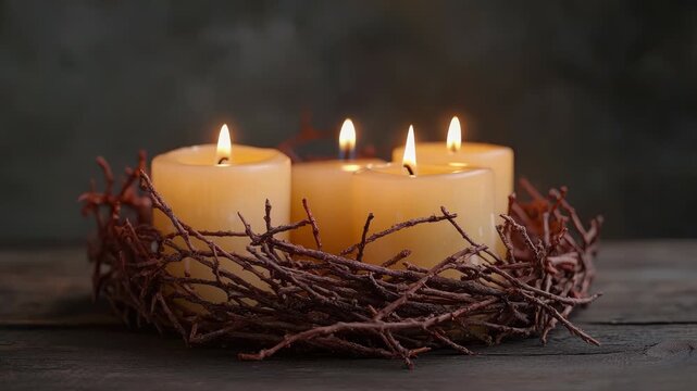 The crown of thorns of Jesus with candles, on a dark background illuminated by window light, symbolizing sacrifice and faith, perfect for Christian themes, Easter, Good Friday, religious reflections
