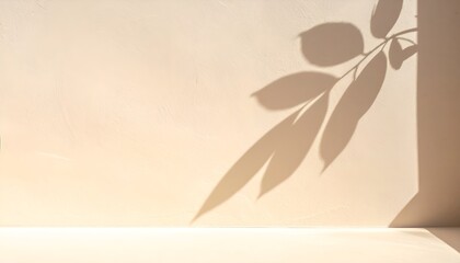 Minimalist Leaf Shadow on Beige Wall Background, Natural Light Botanical Aesthetic