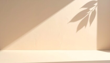 Minimalist Leaf Shadow with Diagonal Sunlight on Beige Wall Background, Natural Light Aesthetic