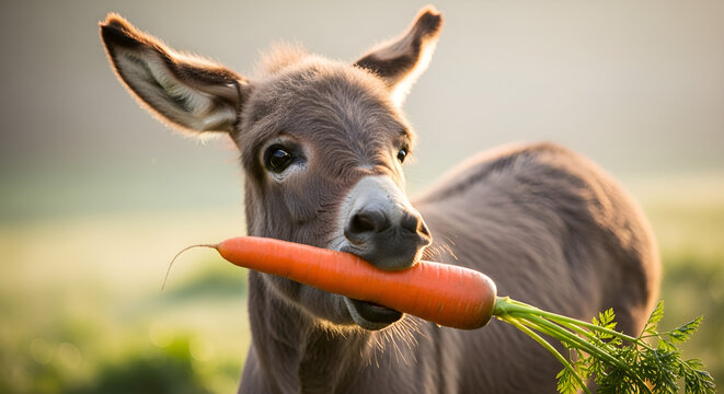 Cute young donkey carrot portrait golden hour