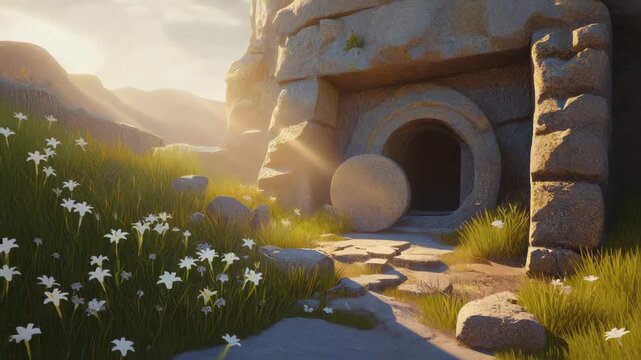 Entrance to ancient cave with stone door and flowers in sunlight among hills