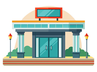 Obraz premium Colorful modern building entrance with glass doors, symmetrical columns, and streetlights in a minimalist urban setting
