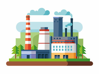 Obraz premium Colorful industrial factory landscape with smokestacks and trees in flat design style