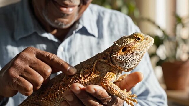 Elderly man gently holds a bearded dragon, showing affection for his unique pet