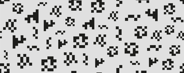 Abstract black pixelated geometric shapes scattered on light gray background. Seamless retro 8bit pattern with pixel random texture