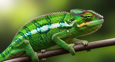Fototapeta premium A vibrant green chameleon perched on a branch in a lush environment
