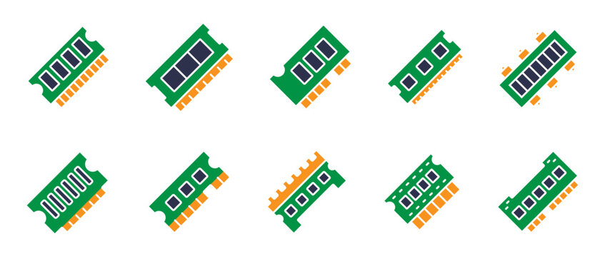 Computer RAM colorful icons isolated on white. Vector set of Random Access Memory icons.