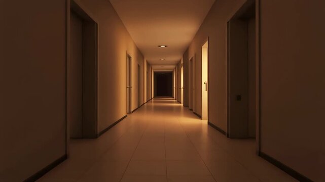 A dimly lit corridor with multiple doors, viewed from the end towards a darkened doorway, in a building interior, from a straight-on perspective.