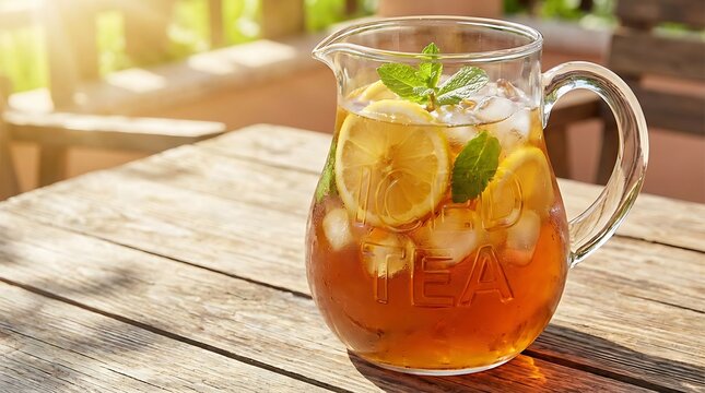 Refreshing iced tea pitcher on a sunny wooden table