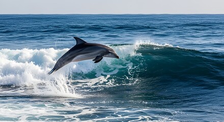Fototapeta premium A dolphin jumping out of the ocean waves in a beautiful display of nature