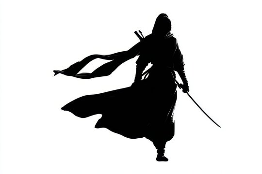 Dynamic hooded ninja silhouette illustration with blade