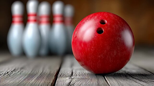 Red bowling ball positioned on wooden lane with blurred bowling pins in the background, showcasing the anticipation of a bowling shot in a recreational setting
