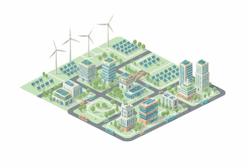 Obraz premium Sustainable city with renewable energy sources and green spaces.