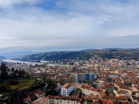 Vienne,France -Febrary 15,2026: An aerial view of Vienne from hill of Pipet. View to the bridge Autoroutier aval de A7
