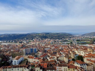 Obraz premium Vienne,France -Febrary 15,2026: An aerial view of Vienne from hill of Pipet. View to the bridge de lattre de masini vienne