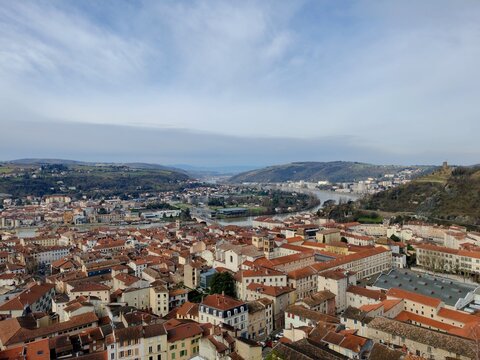 Vienne,France -Febrary 15,2026: An aerial view of Vienne from hill of Pipet. View to the bridge Autoroutier aval de A7