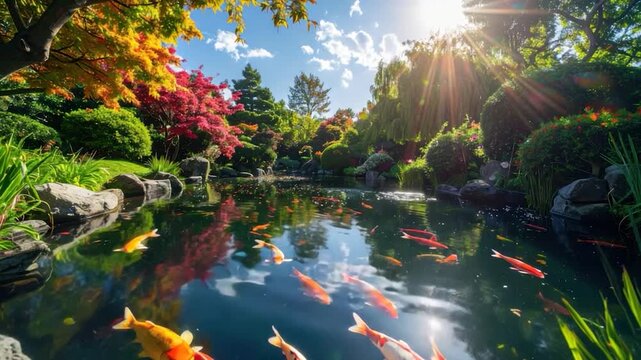 Koi fish swim in a tranquil pond with vibrant fall foliage and sunlight