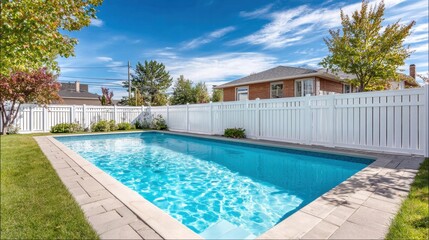Obraz premium A beautiful backyard swimming pool on a sunny day.