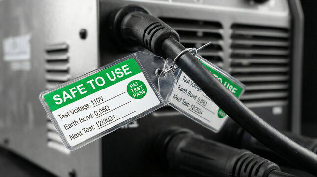 Green safe to use electrical test tags with PAT test pass status and earth bond verification on power equipment