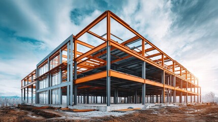 Fototapeta premium Steel framework of a modern building under construction against a cloudy sky.