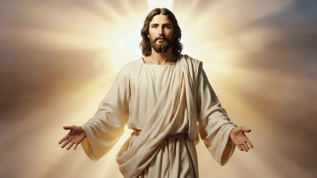 Christ in white robe extended hands with light background showing faith in a religious setting