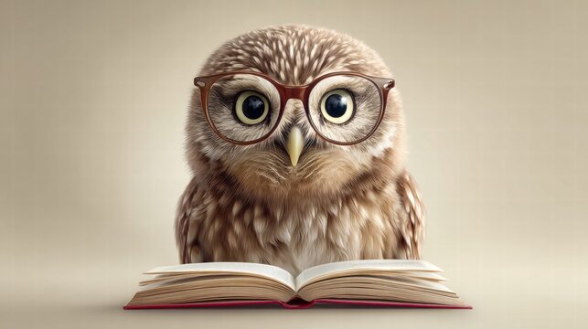 Wise owl wearing glasses reading a book