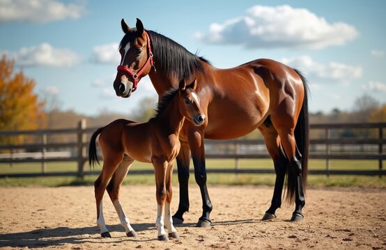 Young dark brown foal stands with mother horse in sunny outdoor paddock. Mare wears red halter showing purebred KWPN dressage lineage. Newborn equine stands beside dam on sandy arena ground.
