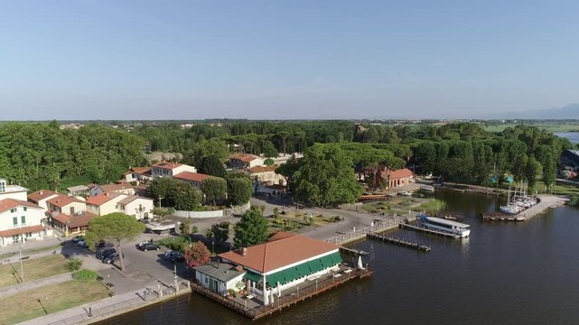 Aerial view of Torre del Lago Puccini on Lake Massaciuccoli, Viareggio, Province of Lucca, Tuscany, Italy