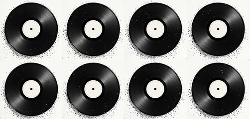 Eight vinyl records arranged in two rows. Each black disc has a white label center and textured speckled surface. Retro music theme illustration.
