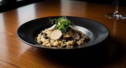 Delicious gourmet risotto with truffle and fresh green garnish