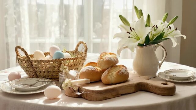 Enjoying breakfast with bread and flowers on a table near the window with easter eggs and a basket