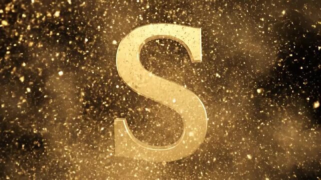 A shimmering golden letter S with sparkling particles on a dark background.